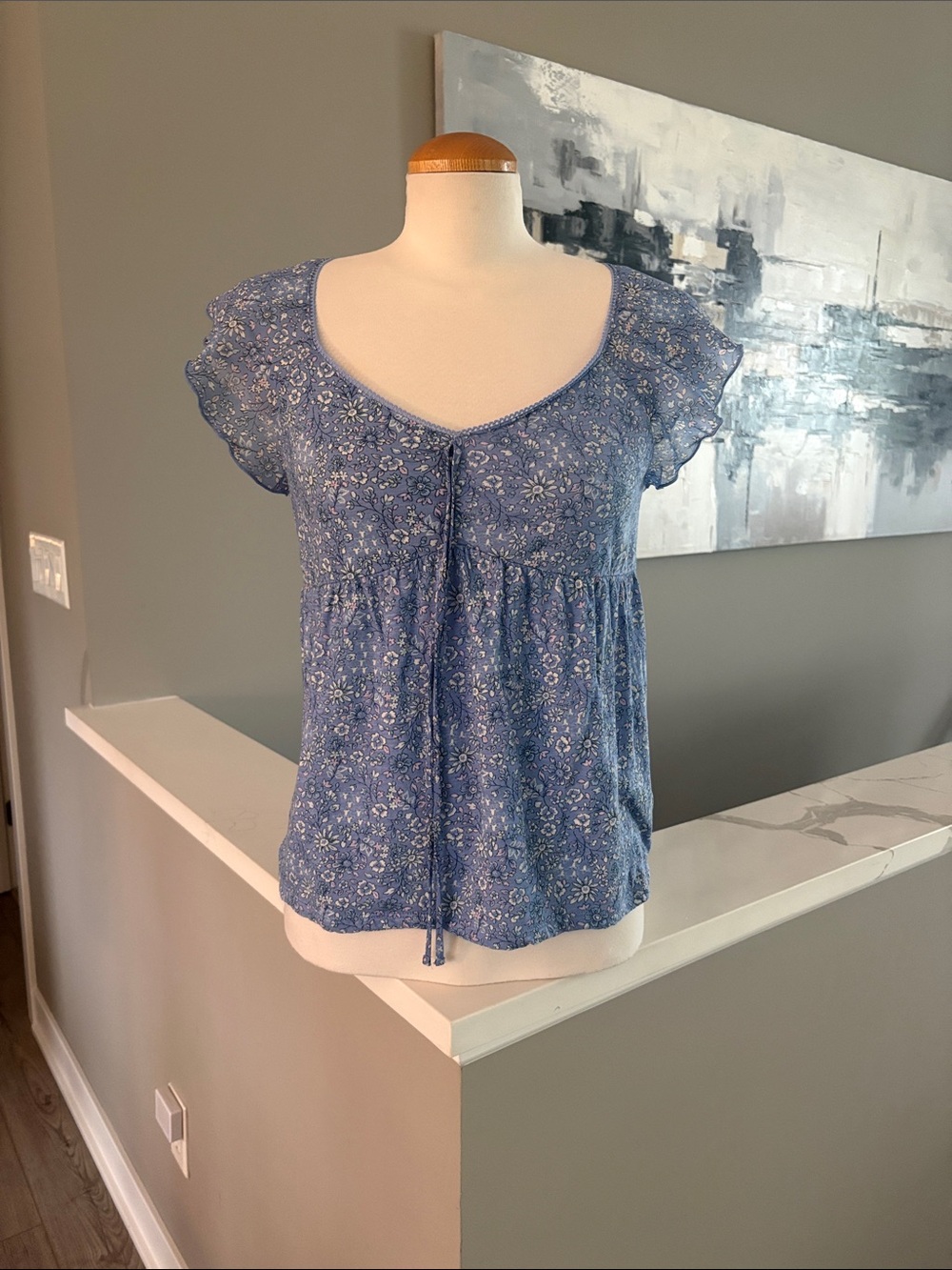 Lucky Brand Blue Floral Scoop Neck Blouse